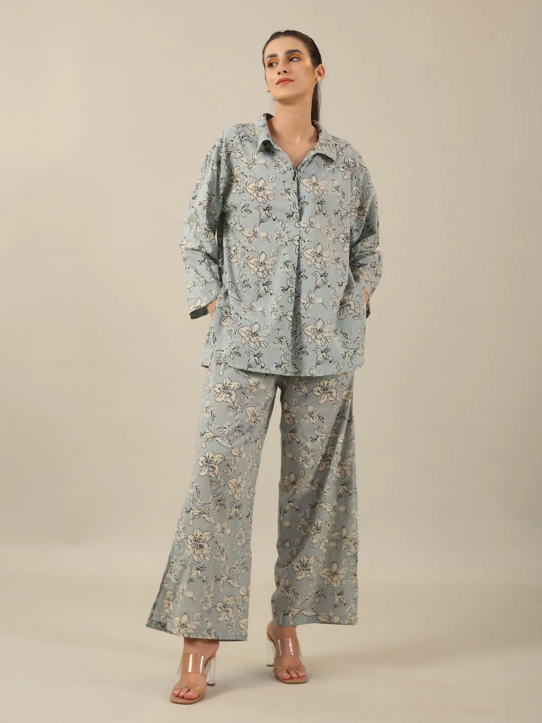 Blue Floral LOOSE FIT Palazzo Loungewear Set - SanskrutiHomes 