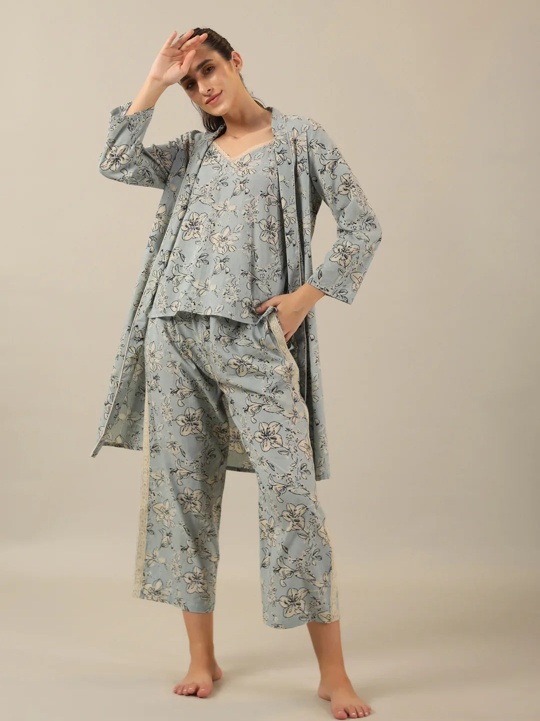 Powder blue Pure Cotton 3 peice Night SUIT - SanskrutiHomes 