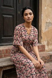 Black V-Neck Floral Print Pure Cotton Nightdress For Women