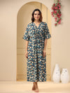 Navy Blue Floral Print V-Neck Pure Cotton Maxi Nightdress For Women