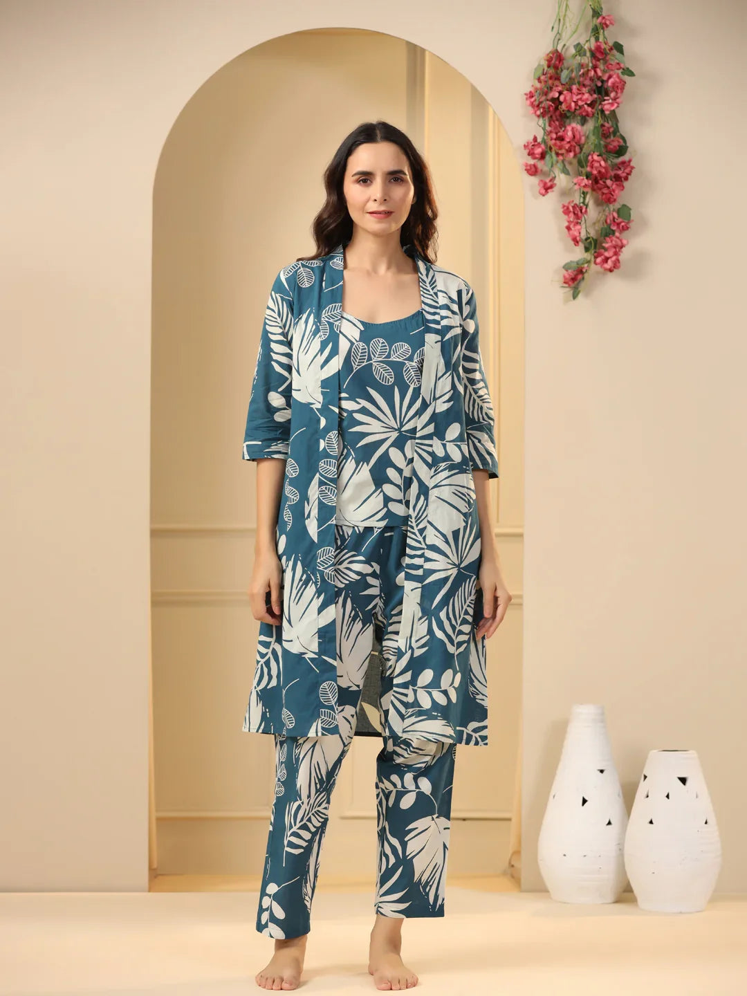 Teal Cotton Printed 3 PEICE Night Suit Set with Pyjama - SanskrutiHomes 