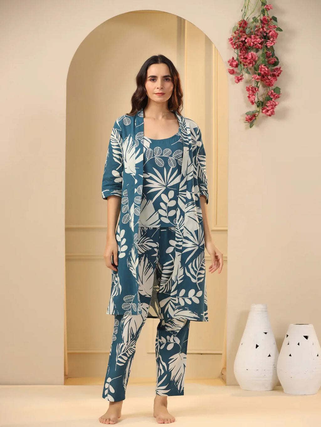 Teal Cotton Printed 3 PEICE Night Suit Set with Pyjama - SanskrutiHomes 