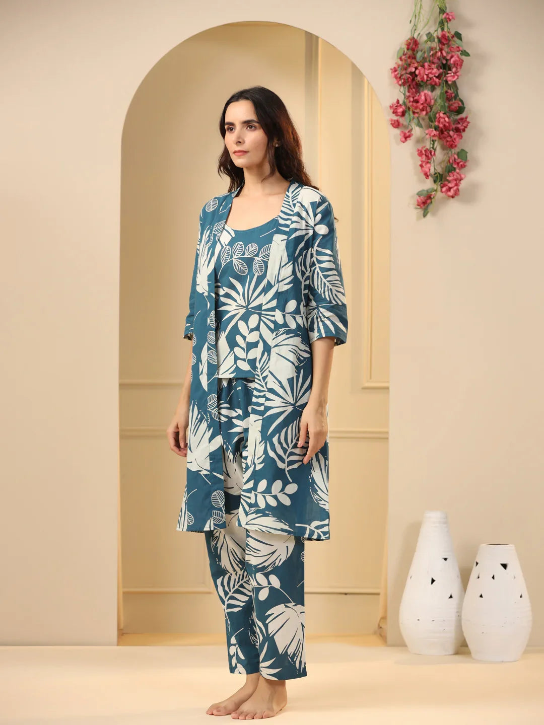 Teal Cotton Printed 3 PEICE Night Suit Set with Pyjama - SanskrutiHomes 