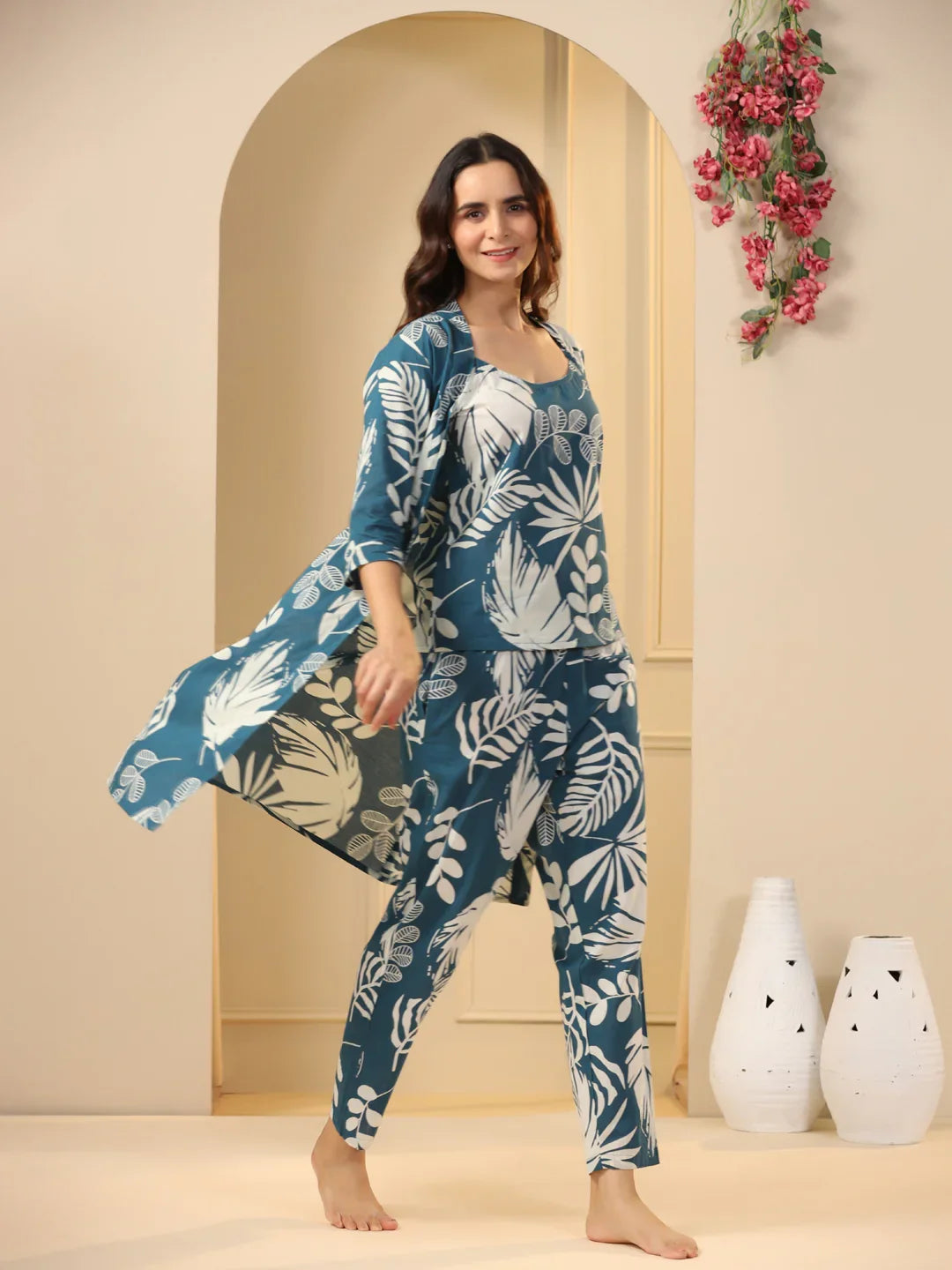 Teal Cotton Printed 3 PEICE Night Suit Set with Pyjama - SanskrutiHomes 