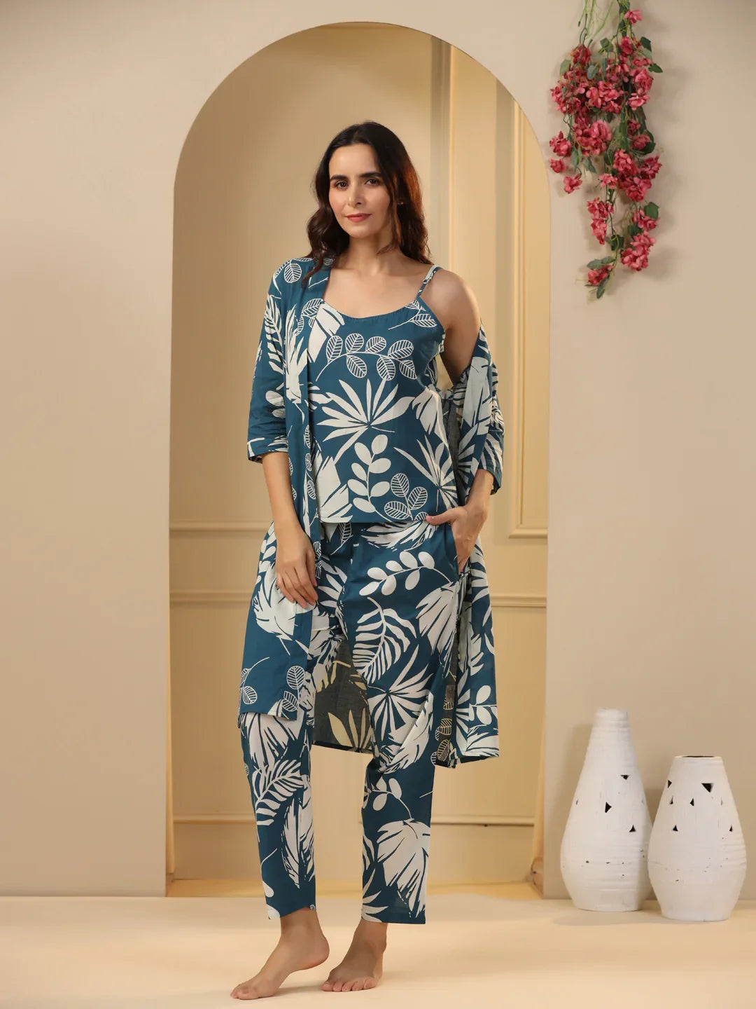 Teal Cotton Printed 3 PEICE Night Suit Set with Pyjama - SanskrutiHomes 