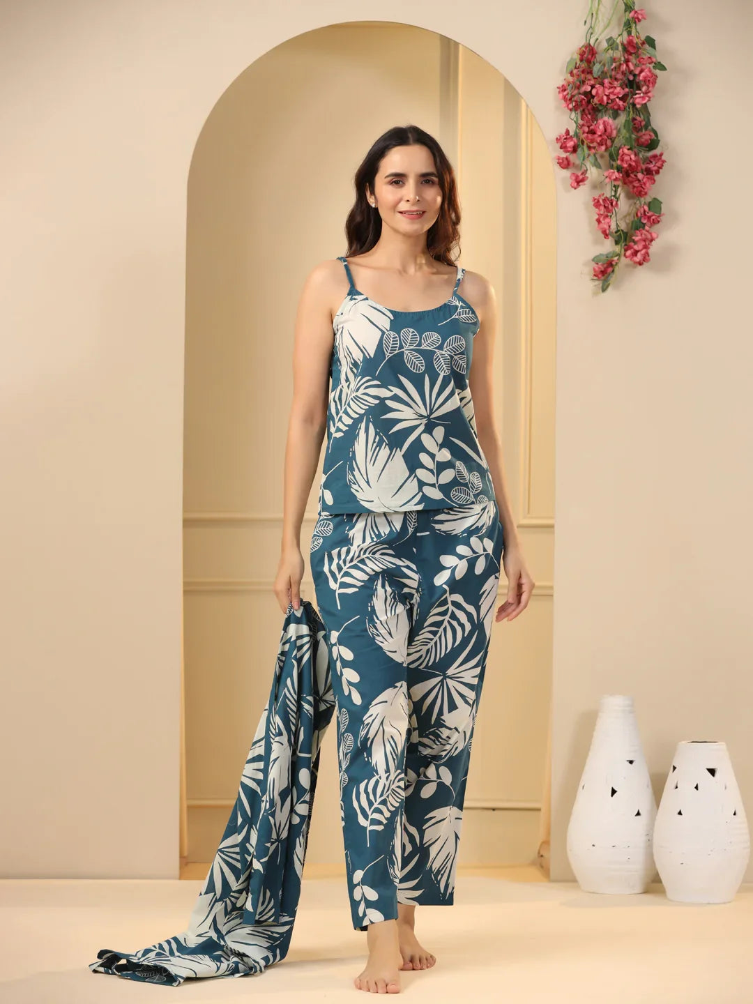 Teal Cotton Printed 3 PEICE Night Suit Set with Pyjama - SanskrutiHomes 