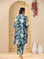 Teal Cotton Printed 3 PEICE Night Suit Set with Pyjama - SanskrutiHomes 