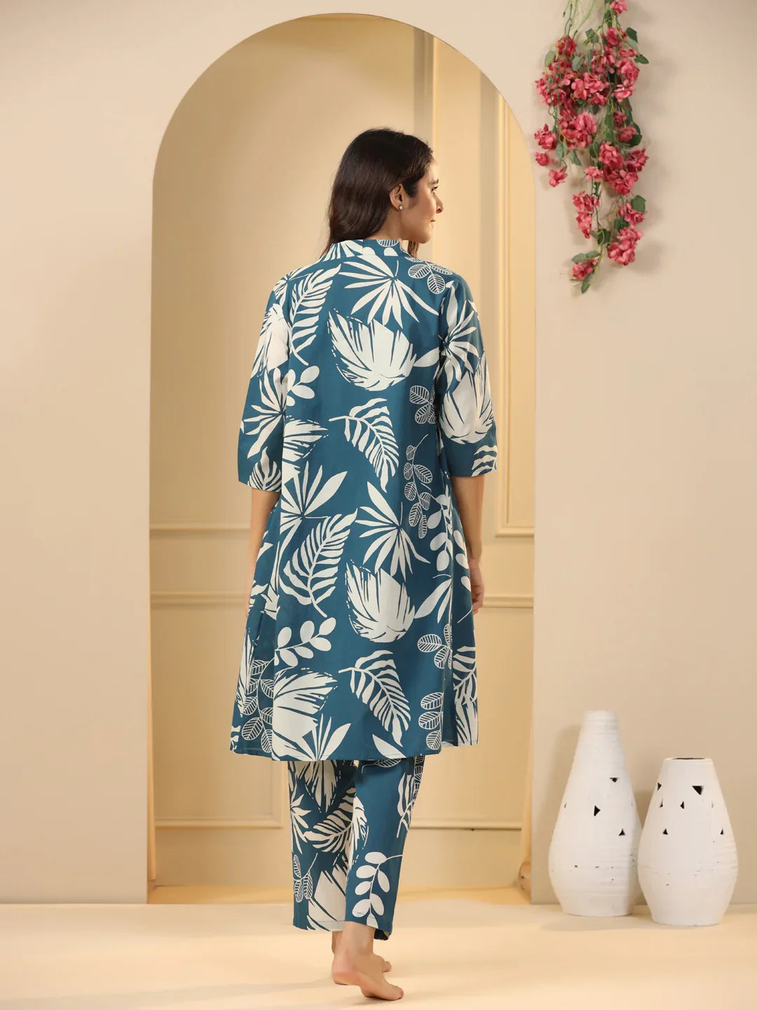 Teal Cotton Printed 3 PEICE Night Suit Set with Pyjama - SanskrutiHomes 
