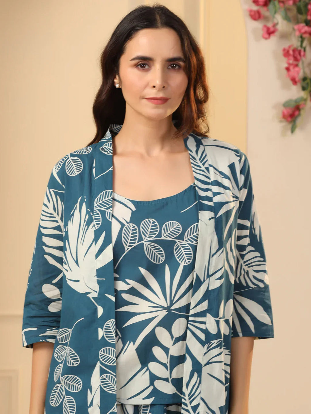Teal Cotton Printed 3 PEICE Night Suit Set with Pyjama - SanskrutiHomes 