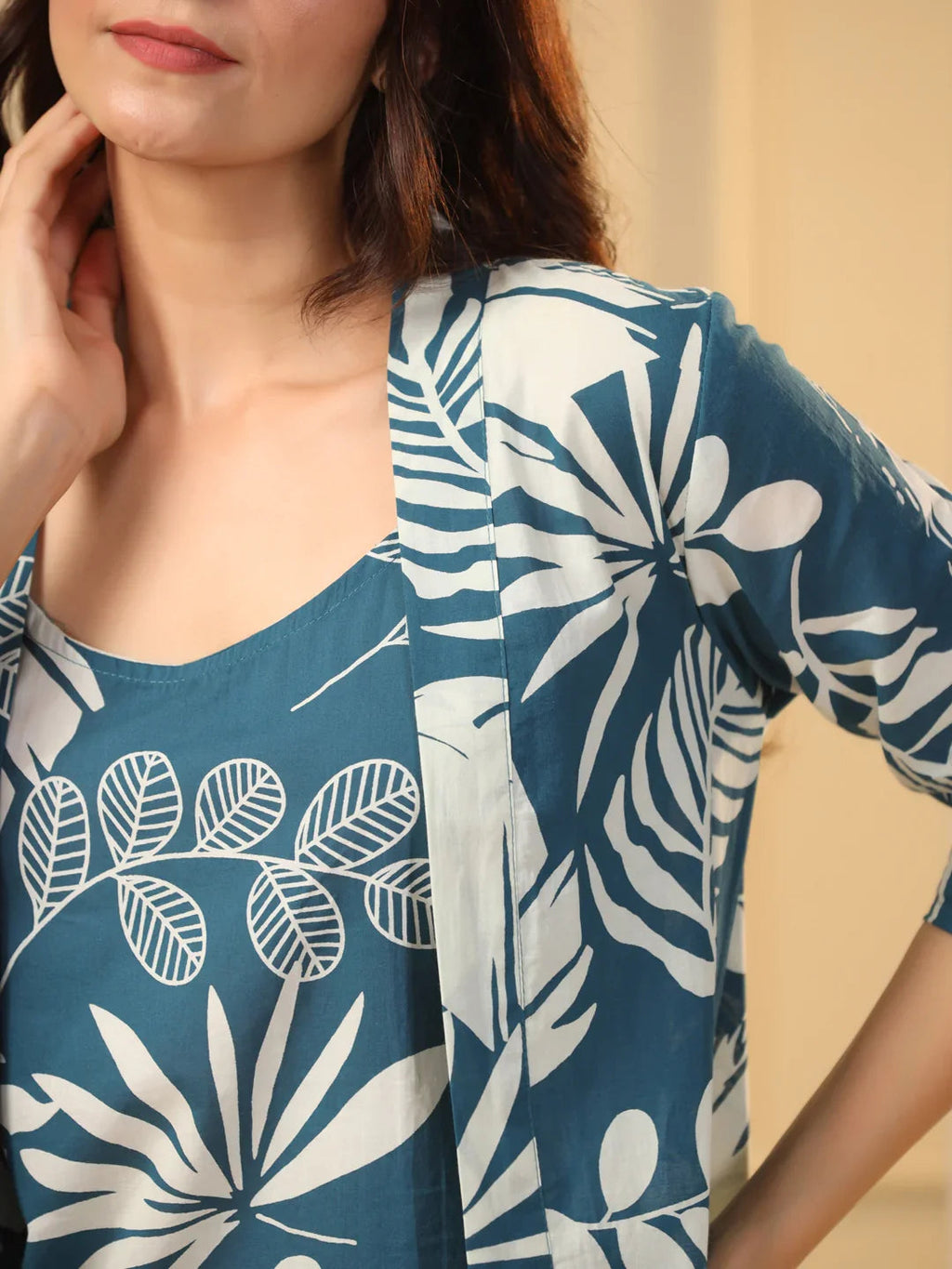 Teal Cotton Printed 3 PEICE Night Suit Set with Pyjama - SanskrutiHomes 