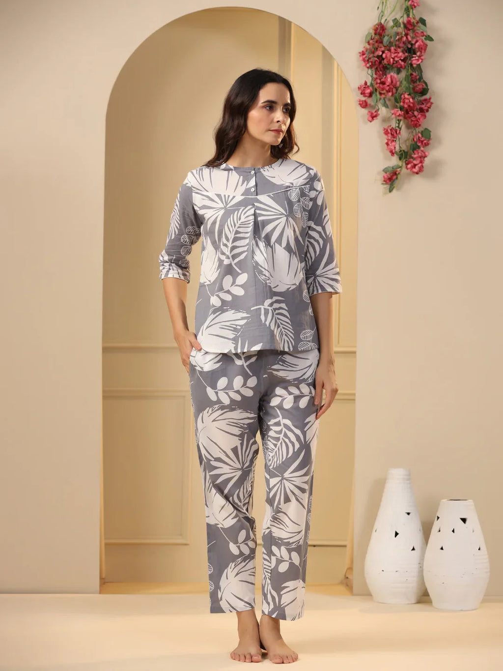 Grey Cotton Printed Night Suit Set with Pajama - SanskrutiHomes 