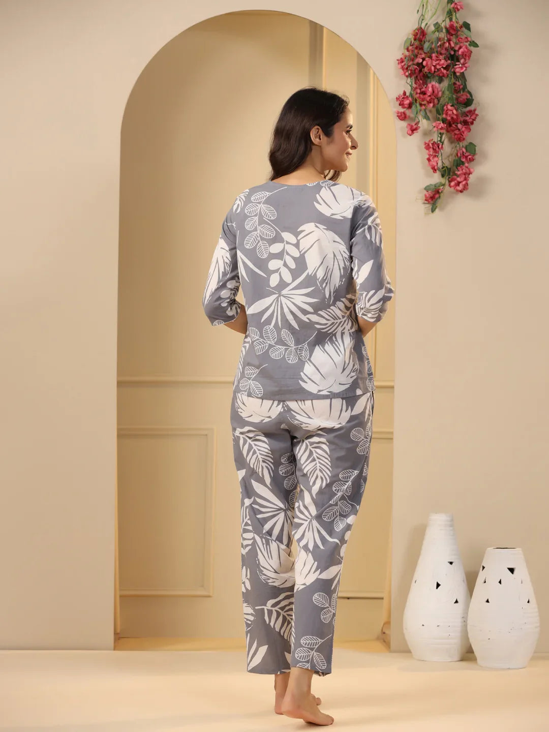 Grey Cotton Printed Night Suit Set with Pajama - SanskrutiHomes 