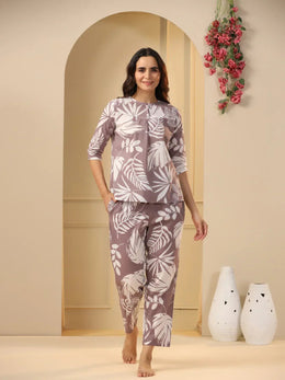 Lilac Cotton Printed Night Suit Set with Pajama - SanskrutiHomes 