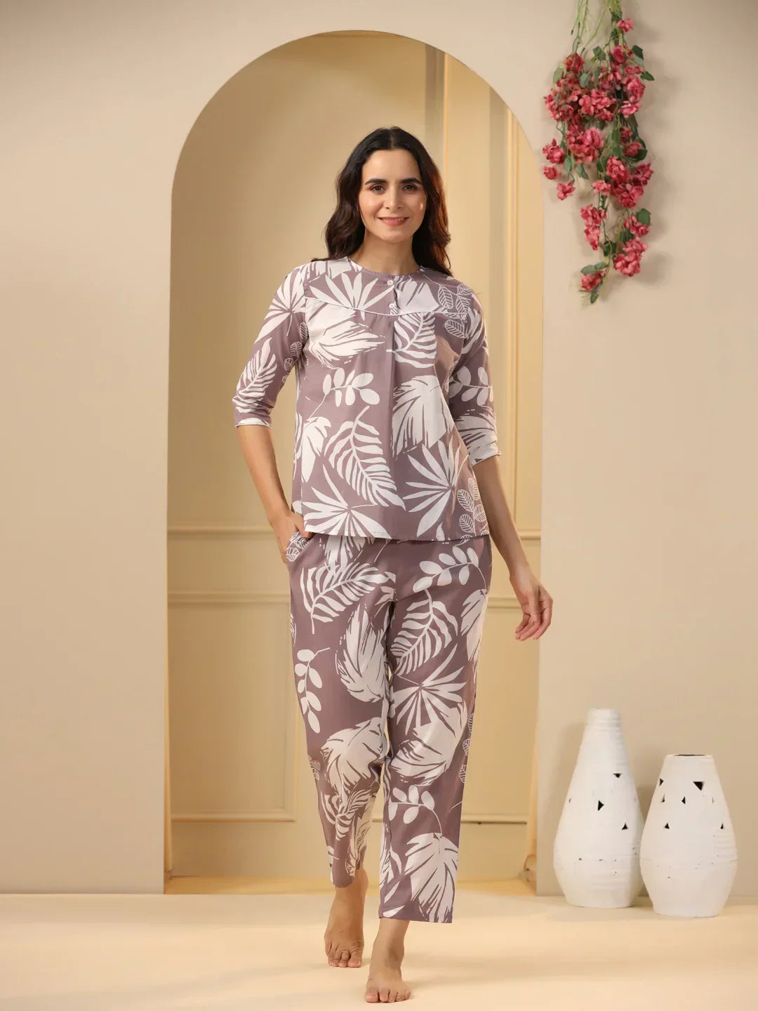 Lilac Cotton Printed Night Suit Set with Pajama - SanskrutiHomes 