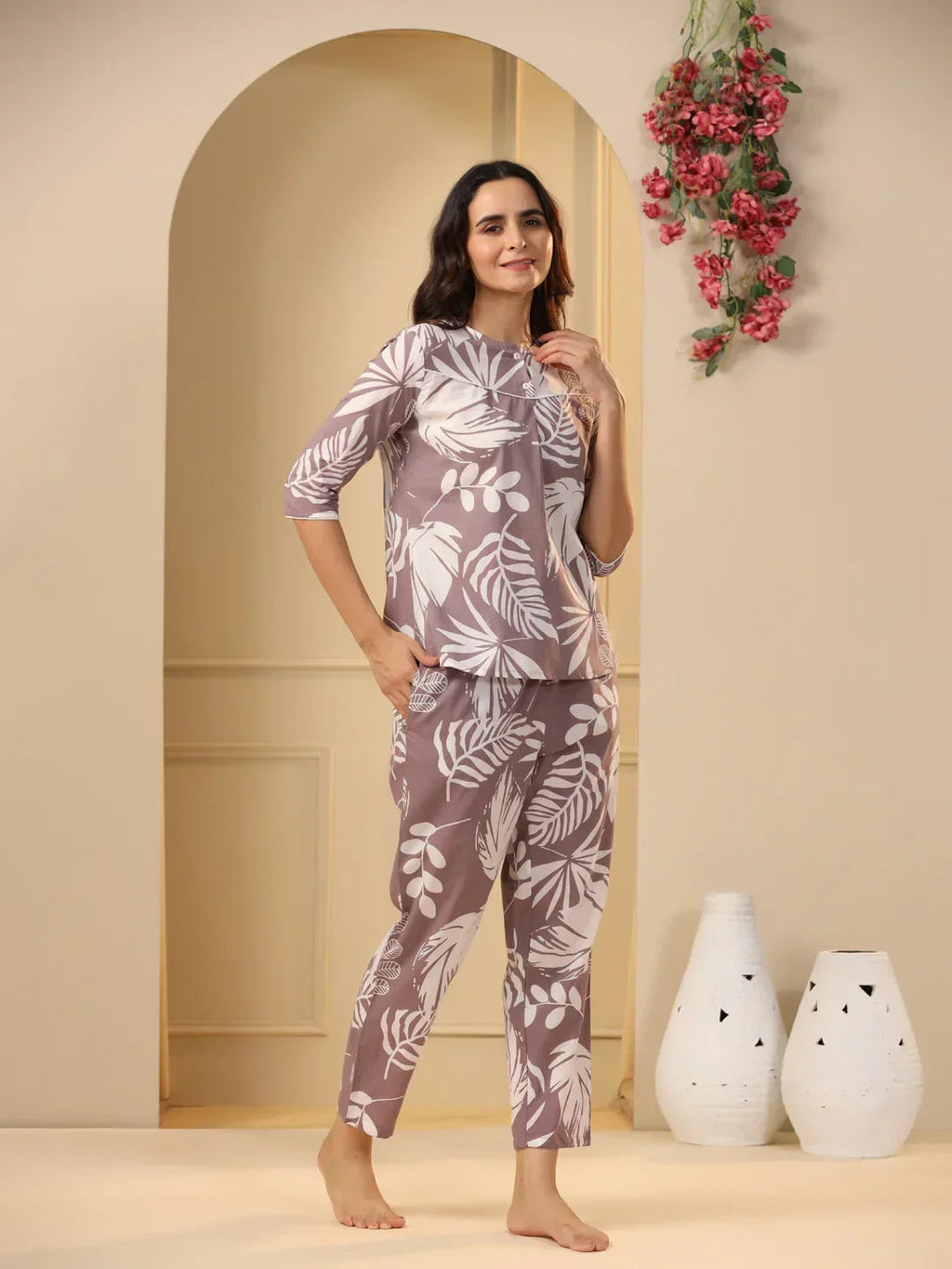 Lilac Cotton Printed Night Suit Set with Pajama - SanskrutiHomes 