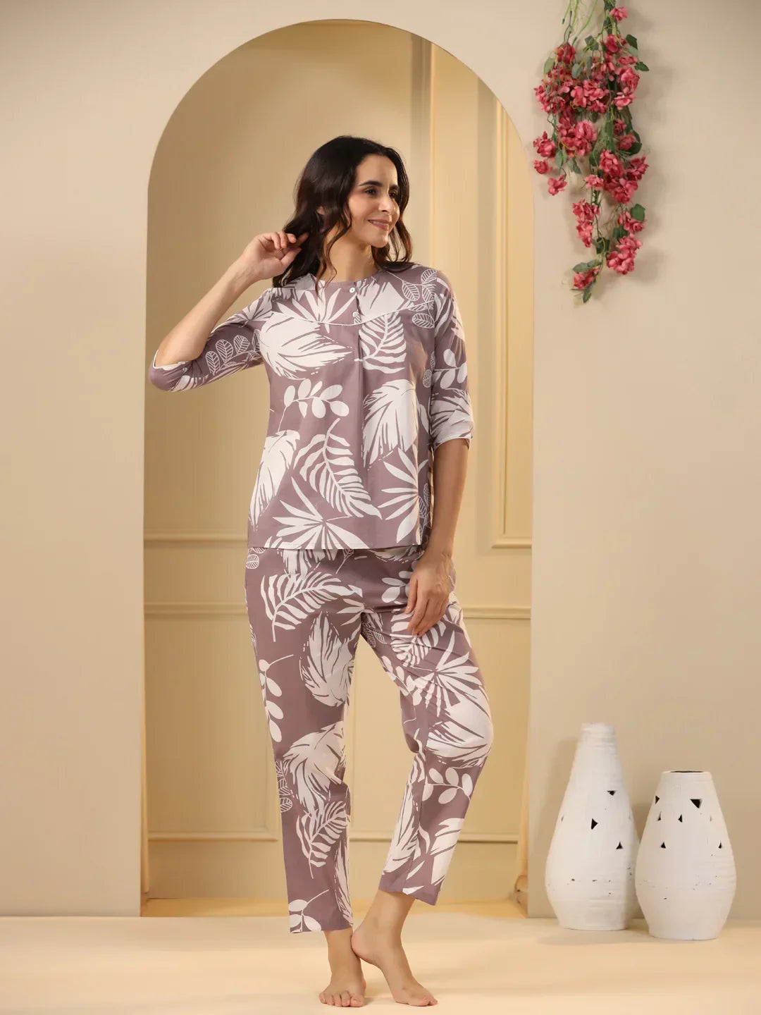 Lilac Cotton Printed Night Suit Set with Pajama - SanskrutiHomes 