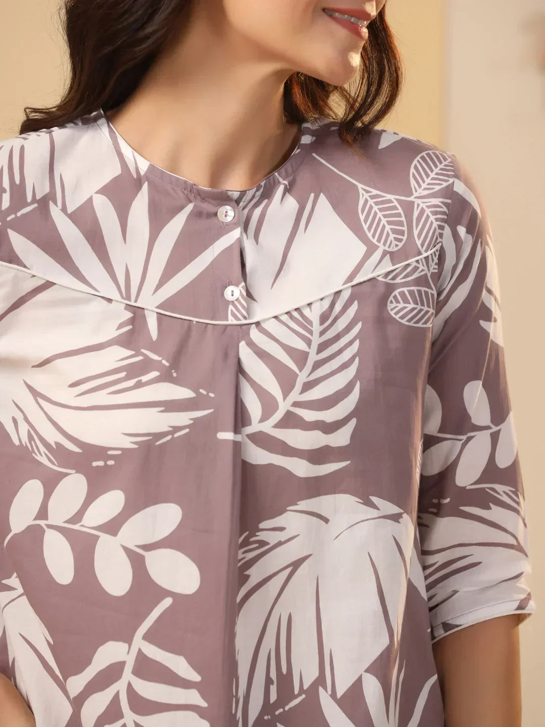 Lilac Cotton Printed Night Suit Set with Pajama - SanskrutiHomes 