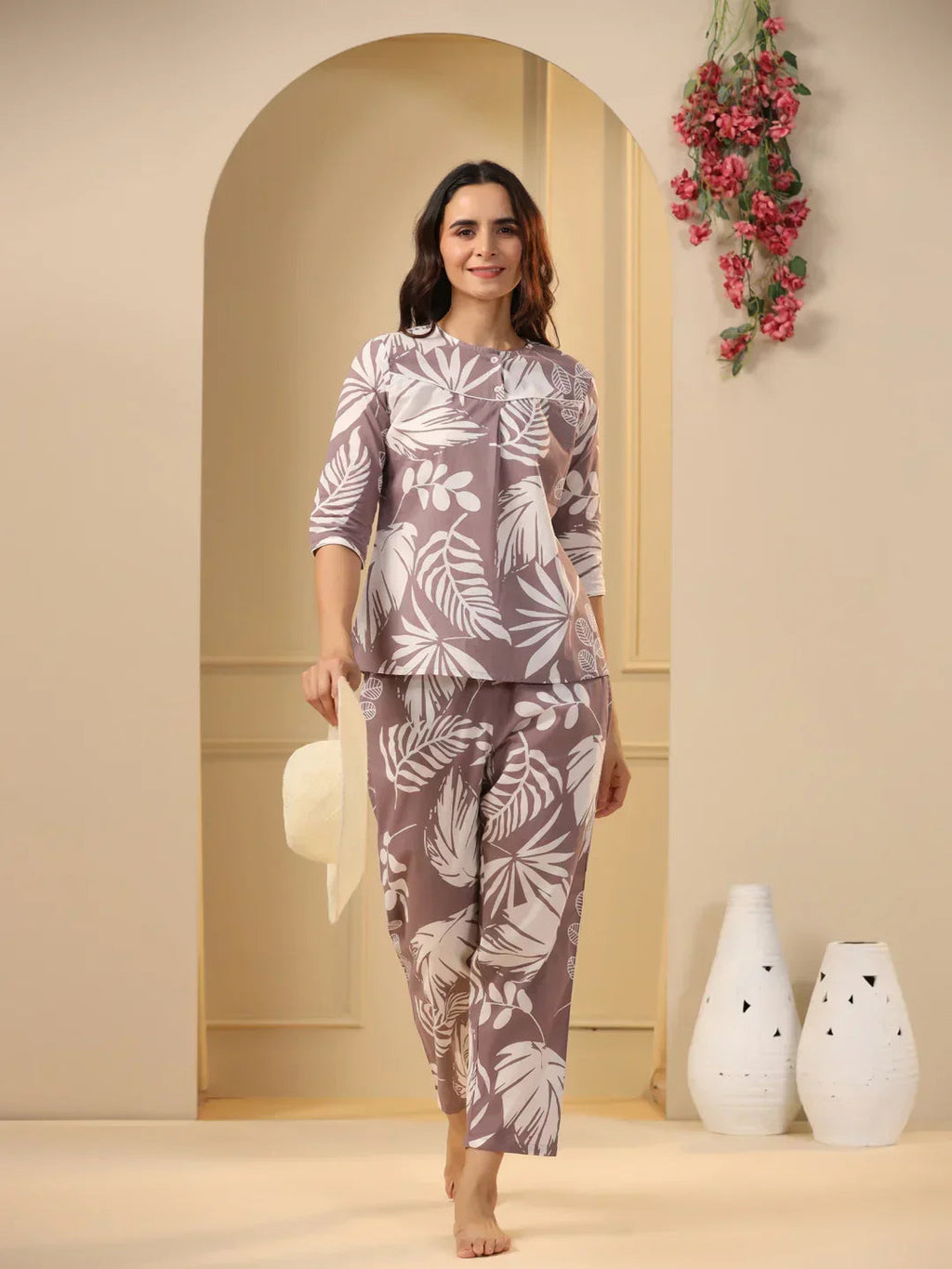 Lilac Cotton Printed Night Suit Set with Pajama - SanskrutiHomes 