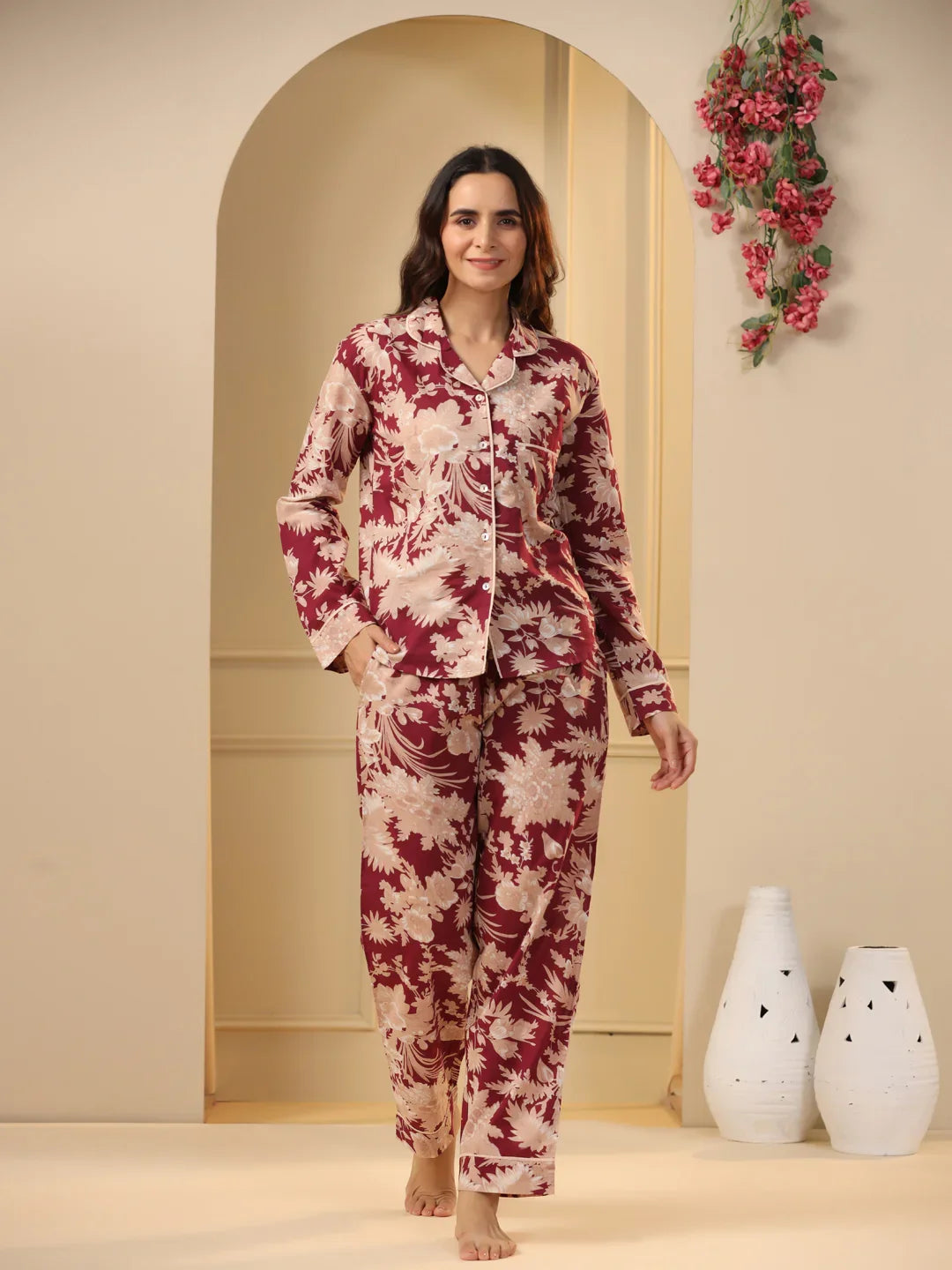 Red maroon Printed Full sleeves Cotton Night suit - SanskrutiHomes 