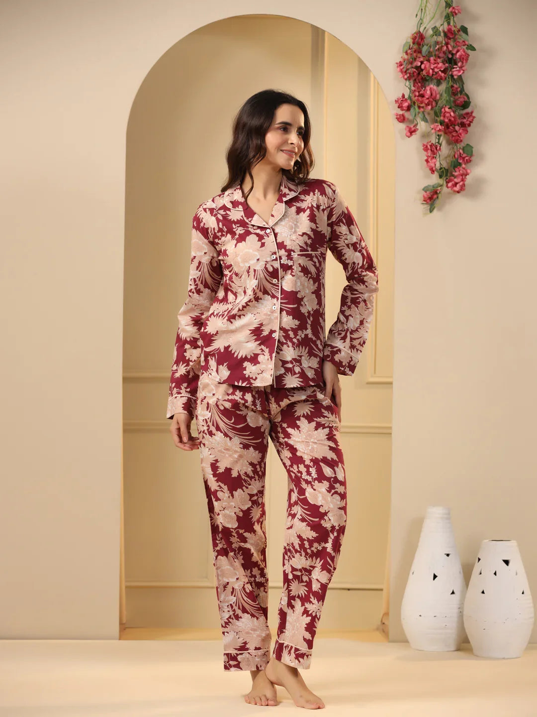 Red maroon Printed Full sleeves Cotton Night suit - SanskrutiHomes 