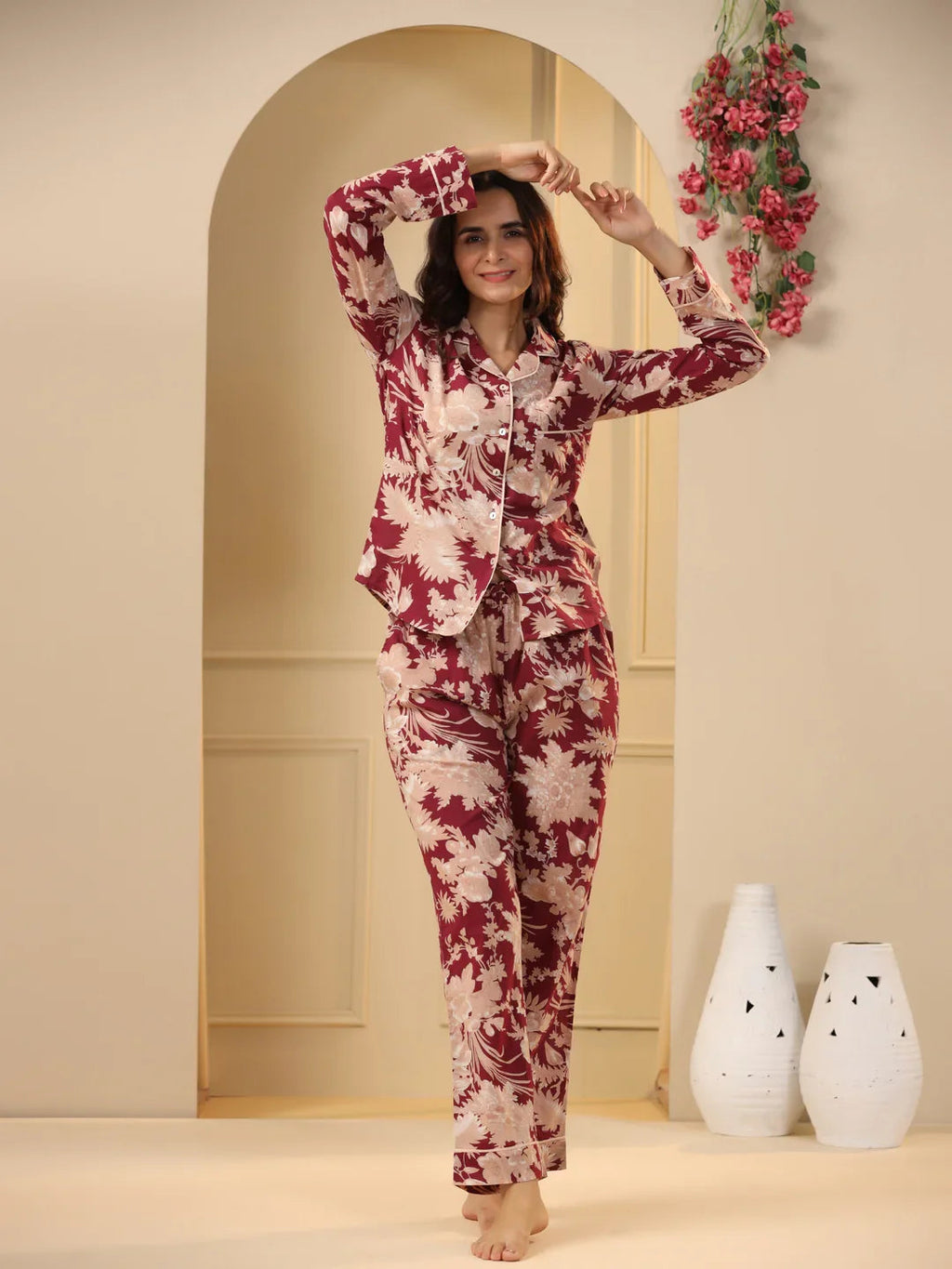 Red maroon Printed Full sleeves Cotton Night suit - SanskrutiHomes 