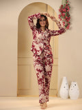 Red maroon Printed Full sleeves Cotton Night suit - SanskrutiHomes 