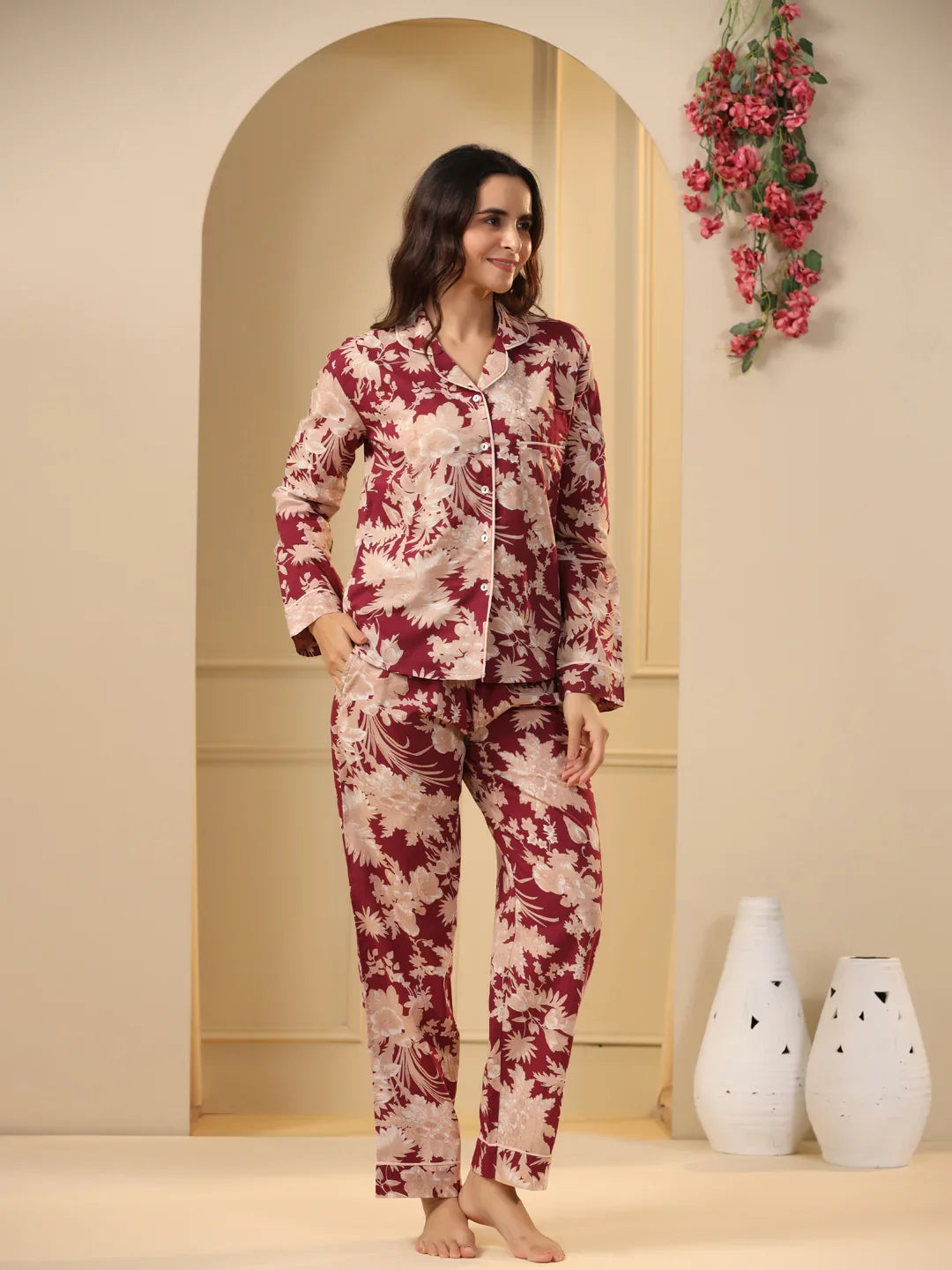 Red maroon Printed Full sleeves Cotton Night suit - SanskrutiHomes 