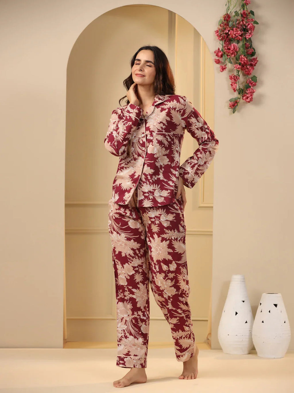 Red maroon Printed Full sleeves Cotton Night suit - SanskrutiHomes 