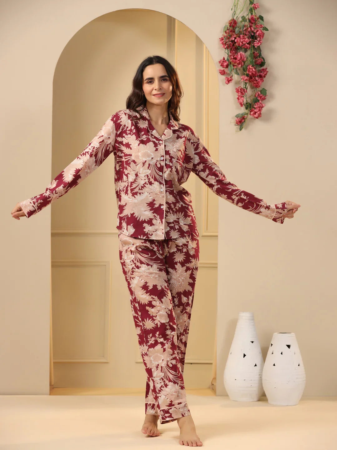 Red maroon Printed Full sleeves Cotton Night suit - SanskrutiHomes 