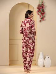 Red maroon Printed Full sleeves Cotton Night suit - SanskrutiHomes 