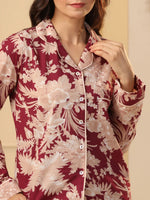 Red maroon Printed Full sleeves Cotton Night suit - SanskrutiHomes 