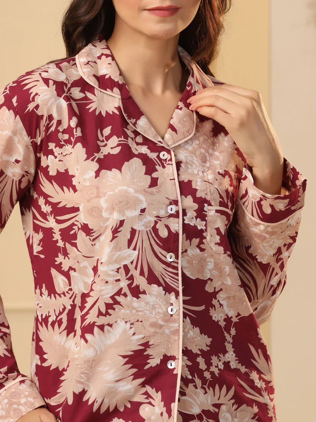 Red maroon Printed Full sleeves Cotton Night suit - SanskrutiHomes 