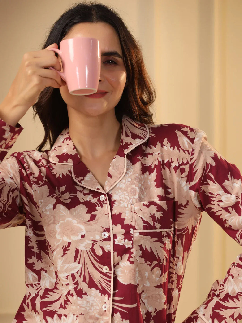 Red maroon Printed Full sleeves Cotton Night suit - SanskrutiHomes 