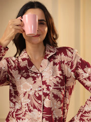 Red maroon Printed Full sleeves Cotton Night suit - SanskrutiHomes 