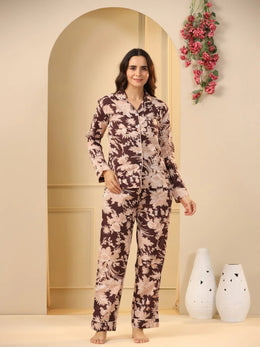Brown Printed Full sleeves Cotton Night suit - SanskrutiHomes 