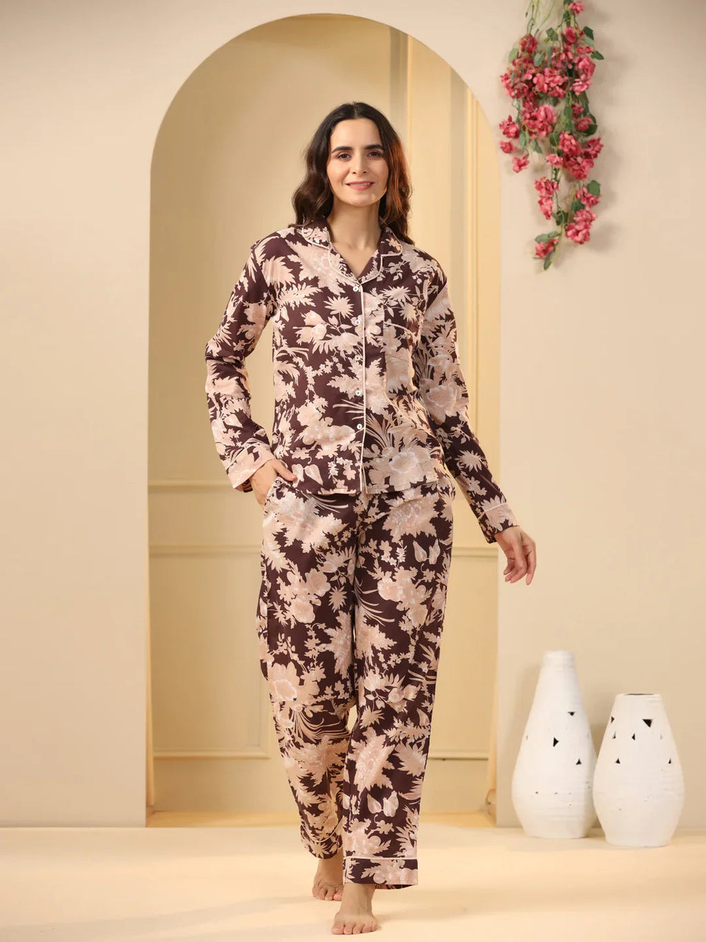 Brown Printed Full sleeves Cotton Night suit - SanskrutiHomes 