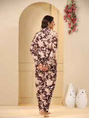 Brown Printed Full sleeves Cotton Night suit - SanskrutiHomes 