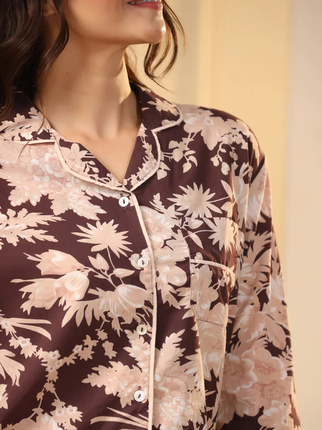 Brown Printed Full sleeves Cotton Night suit - SanskrutiHomes 