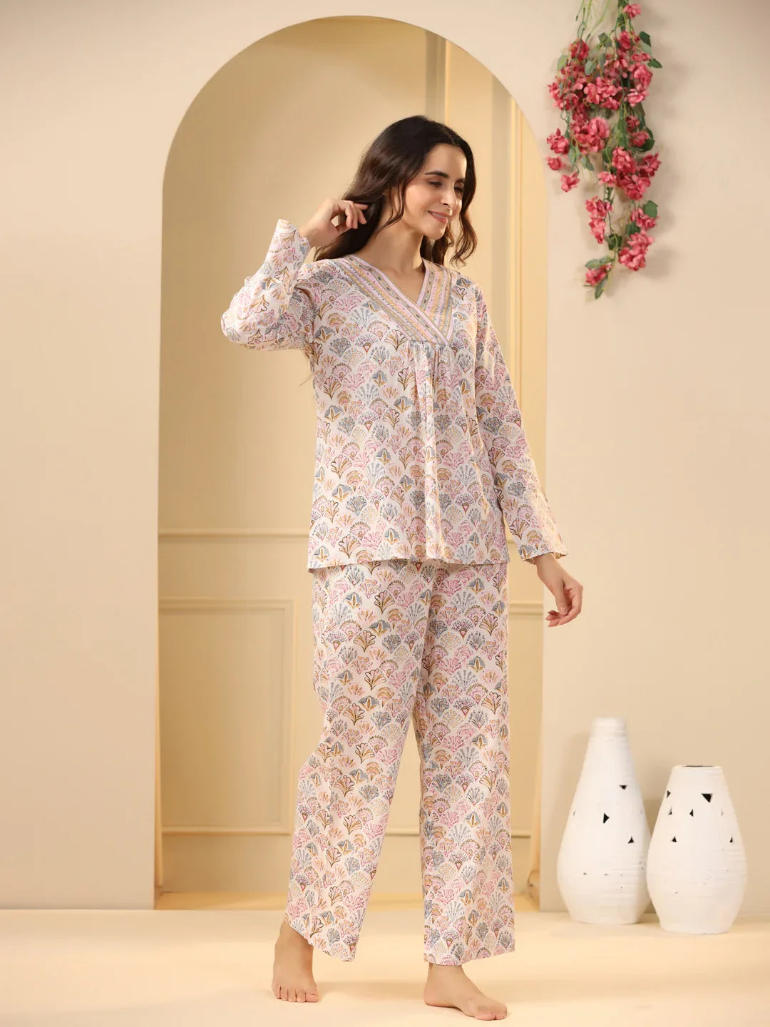 Off -white printed pure cotton night suit set - SanskrutiHomes 