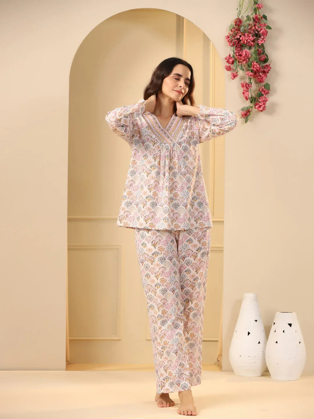 Off -white printed pure cotton night suit set - SanskrutiHomes 