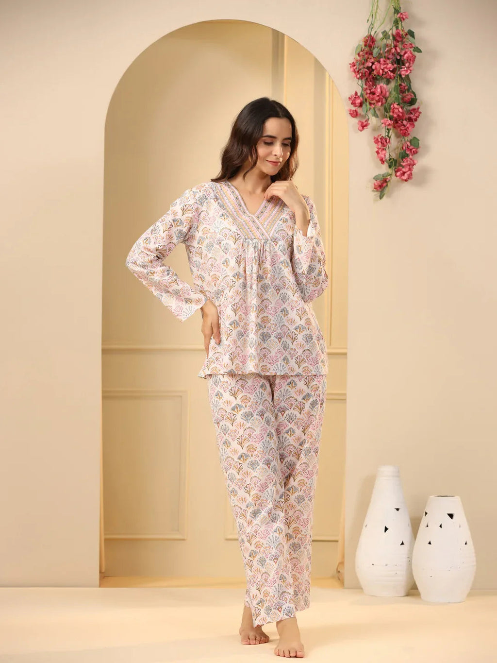 Off -white printed pure cotton night suit set - SanskrutiHomes 