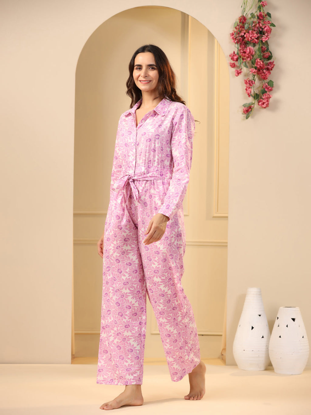Pink floral Pure Cotton Jumpsuit - SanskrutiHomes 