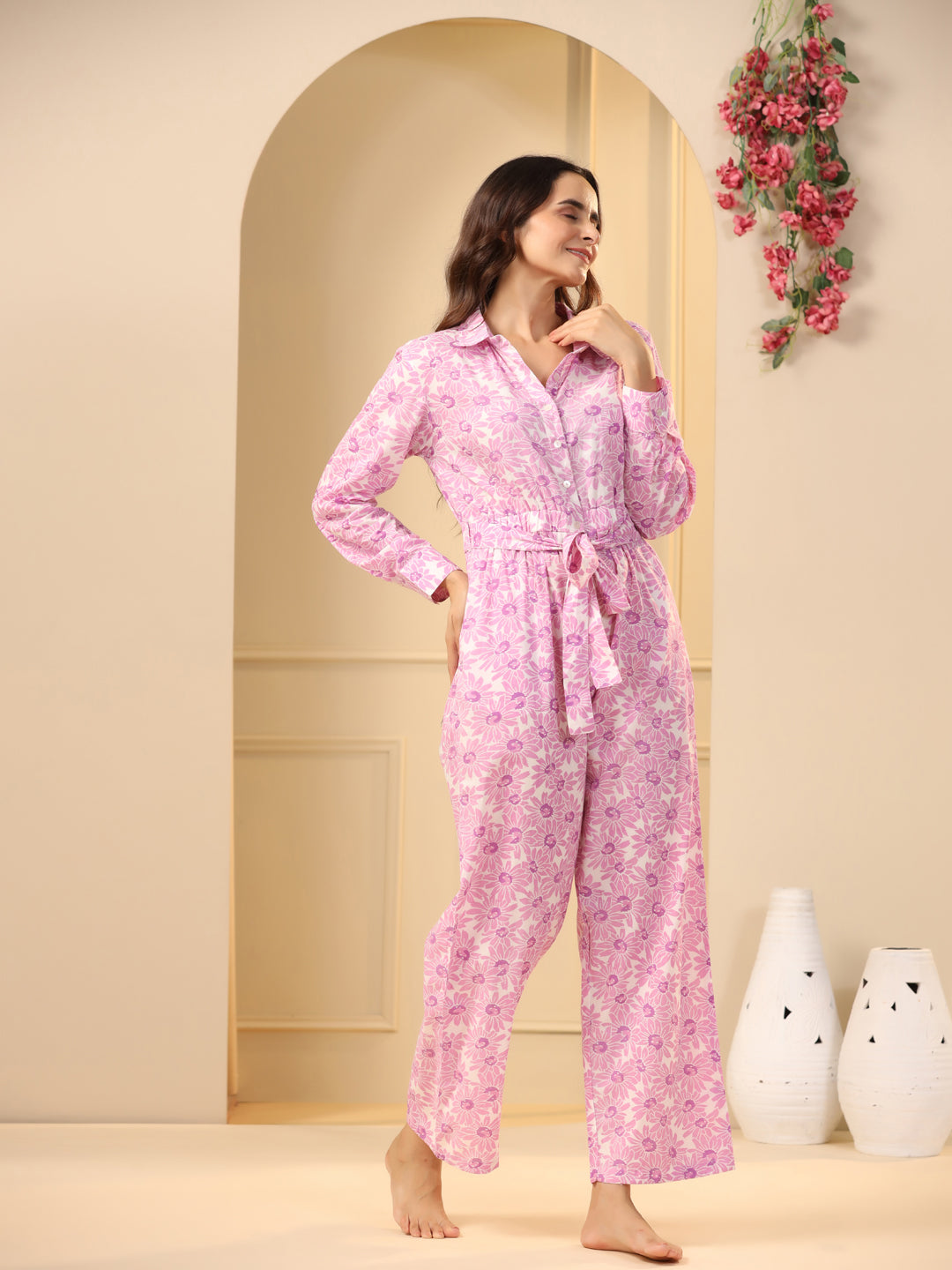 Pink floral Pure Cotton Jumpsuit - SanskrutiHomes 
