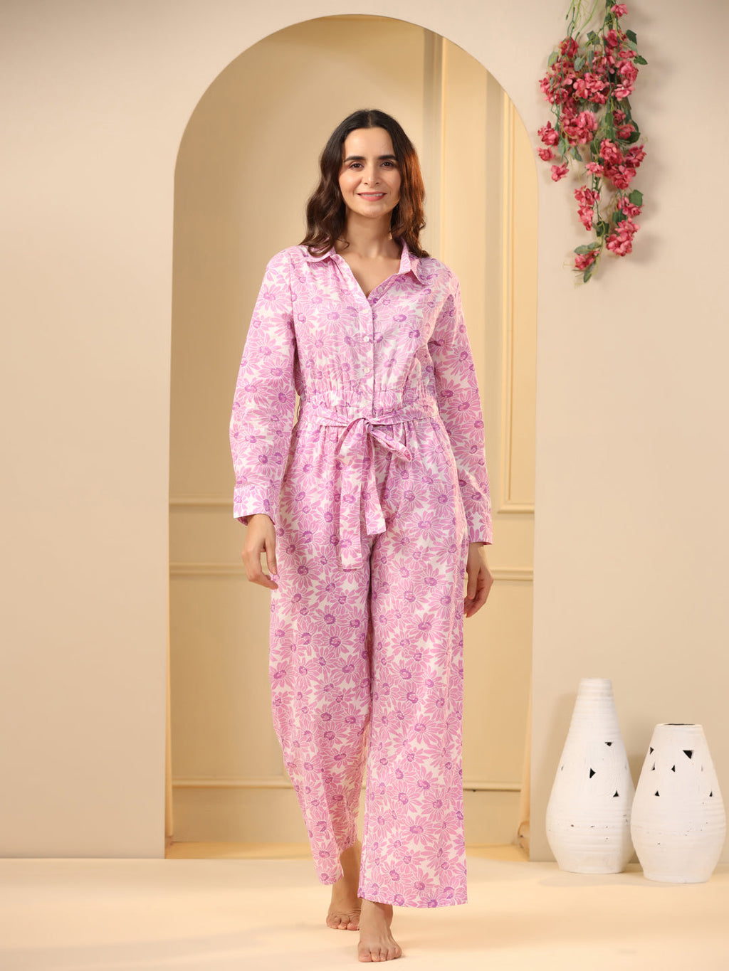 Pink floral Pure Cotton Jumpsuit - SanskrutiHomes 