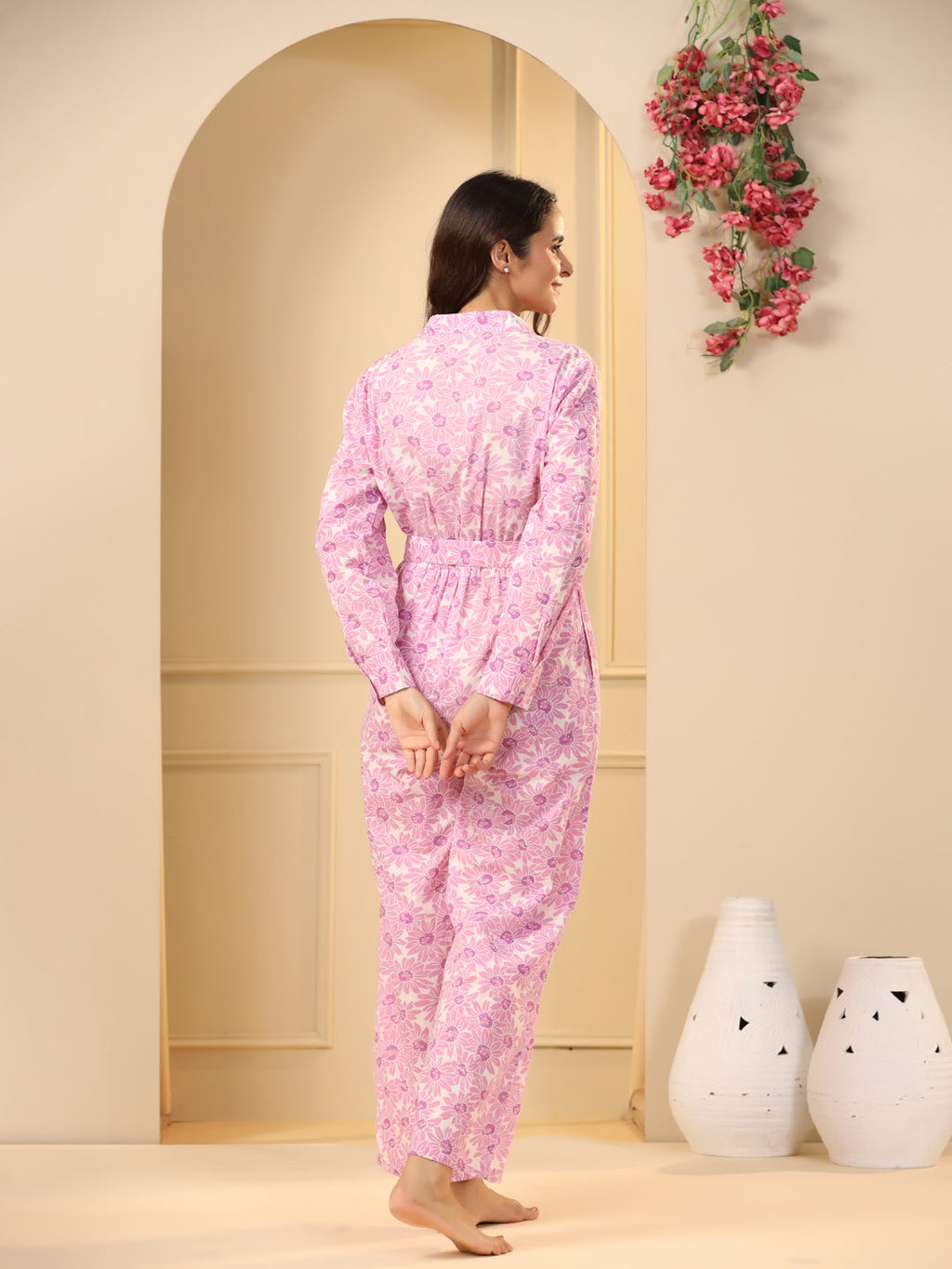 Pink floral Pure Cotton Jumpsuit - SanskrutiHomes 
