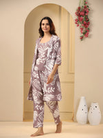 Lilac Cotton Printed 3 PEICE Night Suit Set with Pyjama - SanskrutiHomes 