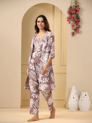 Lilac Cotton Printed 3 PEICE Night Suit Set with Pyjama - SanskrutiHomes 