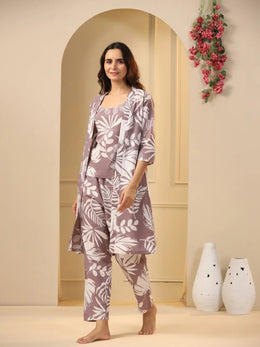 Lilac Cotton Printed 3 PEICE Night Suit Set with Pyjama - SanskrutiHomes 