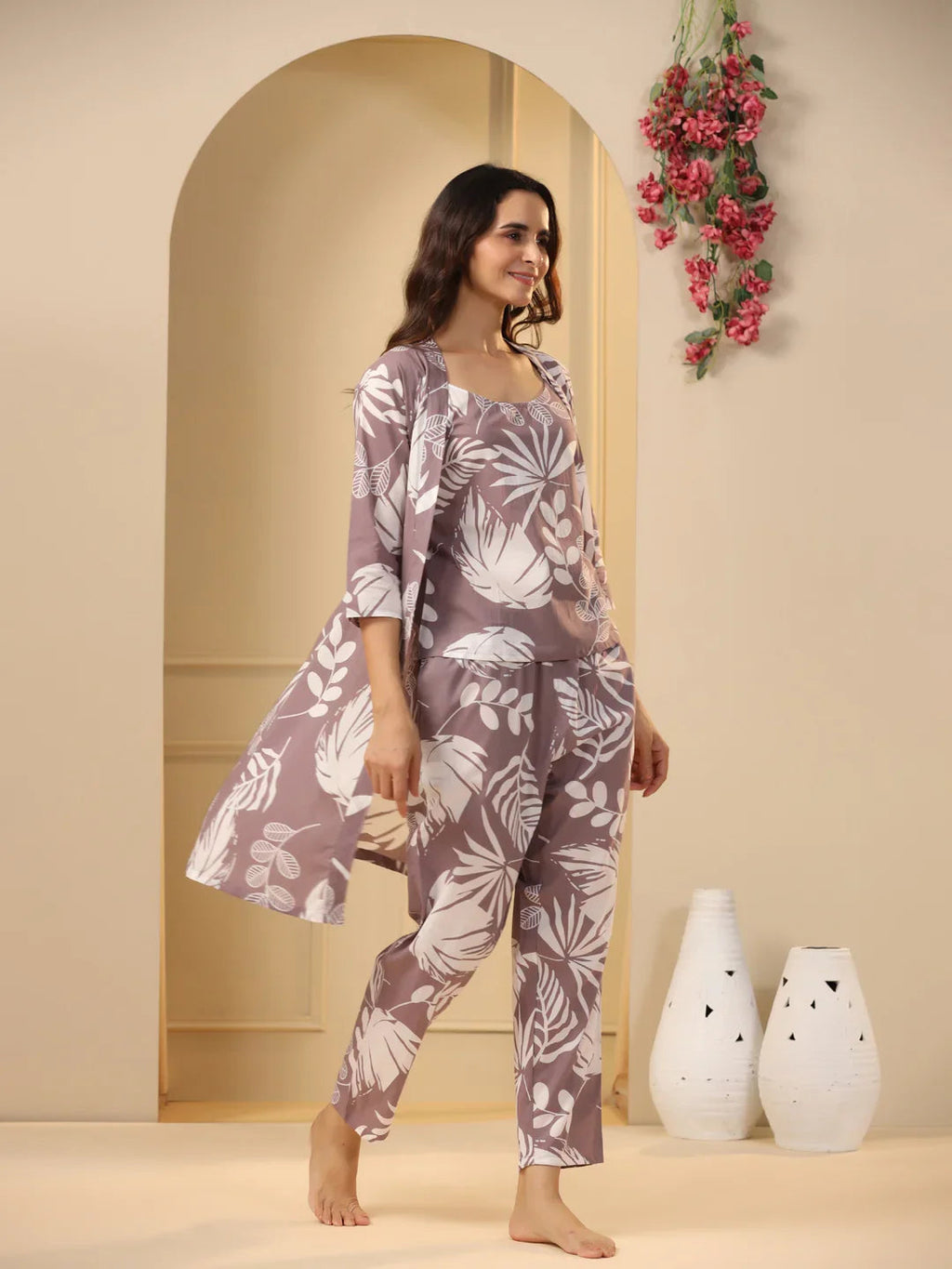 Lilac Cotton Printed 3 PEICE Night Suit Set with Pyjama - SanskrutiHomes 
