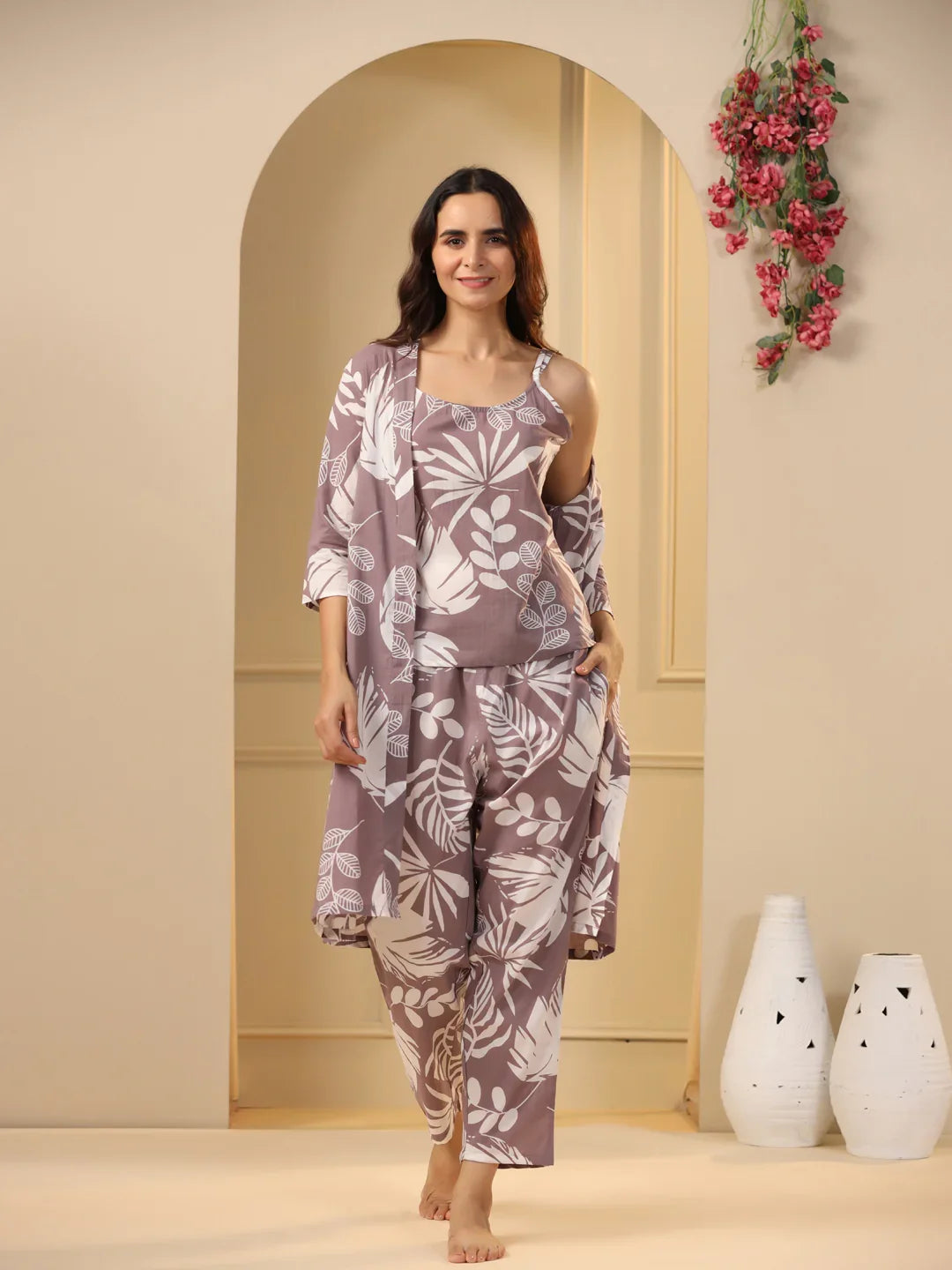 Lilac Cotton Printed 3 PEICE Night Suit Set with Pyjama - SanskrutiHomes 